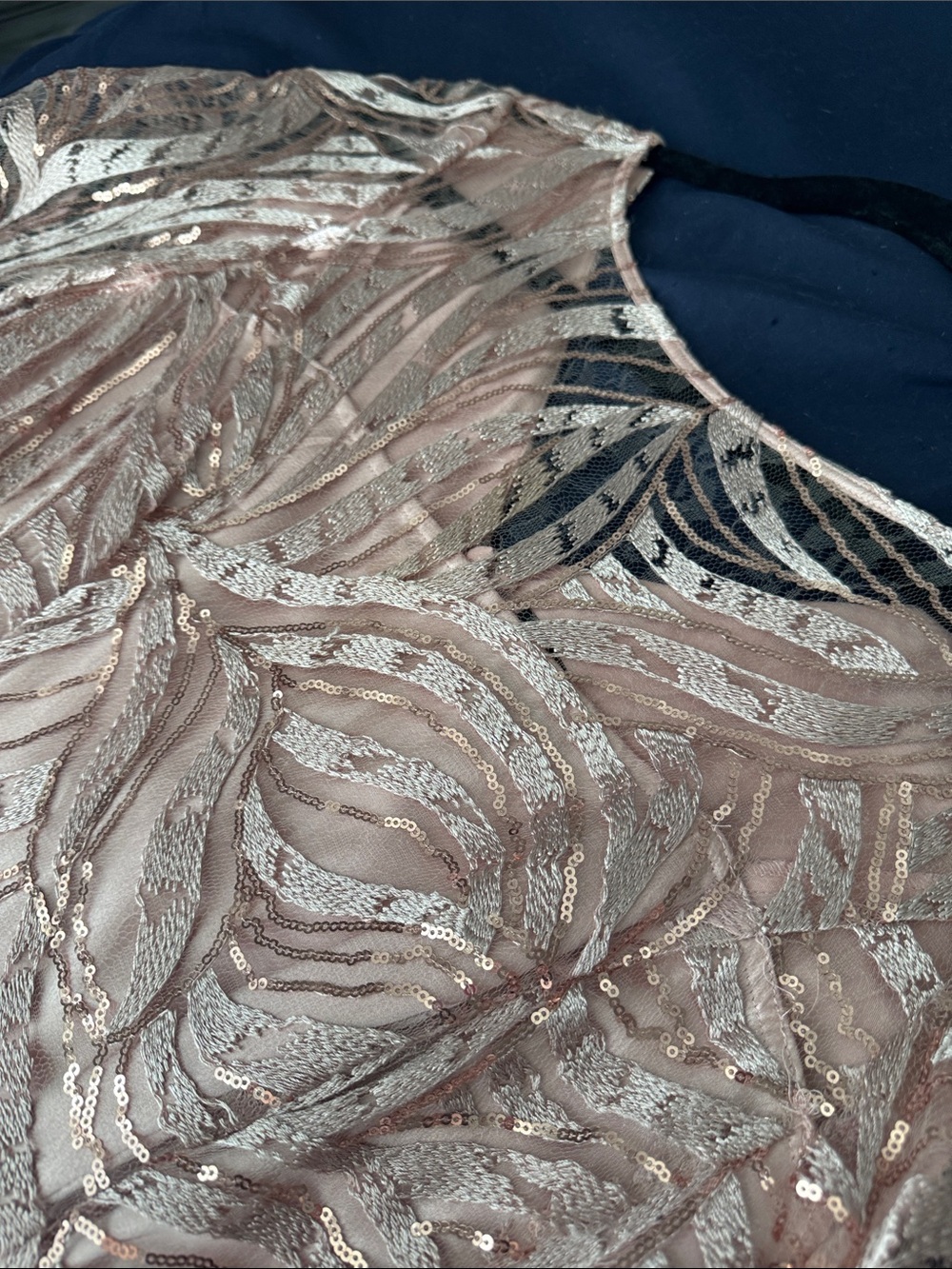 Tahari Sheer Sequin Embroidered Formal with Long Sleeves in Rose Gold